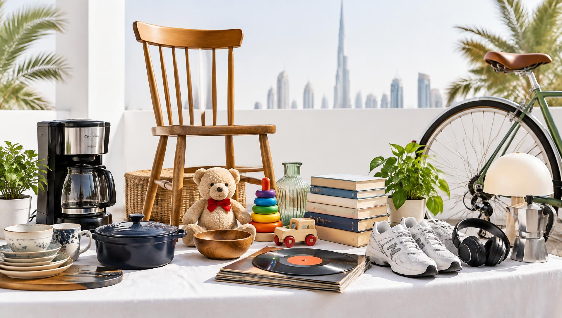 Everyday second-hand items laid out on a table with a UAE skyline behind